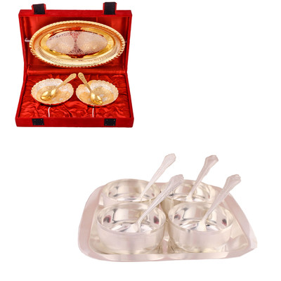 

G S Museum Silver & Gold Plated 2 Heavy Dil Bowl with Spoon and Tray and Premium 4 Bowl Set with Rectangle Tray Bowl Spoon Tray Serving Set