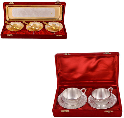 

G S Museum Silver & Gold Plated 3 Heavy Dil Bowl with Spoon and Tray and 2 Cup Plate Set Bowl Spoon Tray Serving Set(Pack of 11)