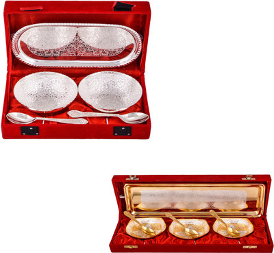 

G S Museum 2 Flower Bowl with Spoon and Tray and Silver & Gold Plated 3 Heavy Square Bowl with Spoon and Tray Bowl Spoon Tray Serving Set
