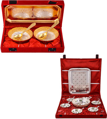 

G S Museum Silver & Gold Plated 2 Mini Flower Bowl with Spoon and Tray and Pudding Set Bowl Spoon Tray Serving Set