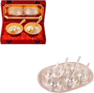 

G S Museum Silver & Gold Plated 2 Mini Flower Bowl with Spoon and Tray and 3" Met Finish 6 Bowl Set with Oval Tray Bowl Spoon Tray Serving Set