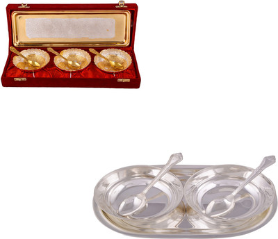 

G S Museum Silver & Gold Plated 3 Heavy Dil Bowl with Spoon and Tray and 2 5" Bowl with Spoon and Tray Bowl Spoon Tray Serving Set(Pack of 12)