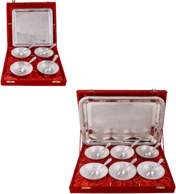 G S Museum 4 Flower Bowl with Spoon and Tray and 6 Mor Bowl with Spoon and Tray Bowl Spoon Tray Serving Set(Pack of 22)