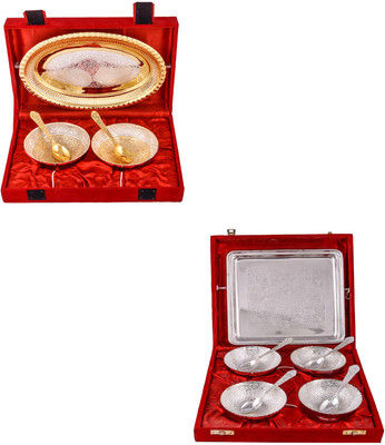 

G S Museum Silver & Gold Plated 2 Heavy Flower Bowl with Spoon and Tray and 4 Flower Bowl with Spoon and Tray Bowl Spoon Tray Serving Set
