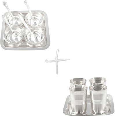 G S Museum Manchurian 4 Bowls & Square Glow Finish 4 Glass Set Dinner Set(Silver Plated)