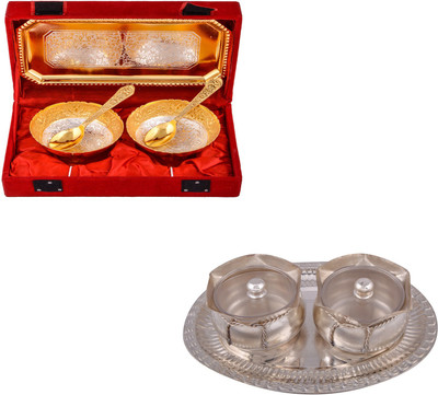 

G S Museum Silver & Gold Plated 2 Mini Flower Bowl with Spoon and Tray and 2 Big Tai Loti Set Bowl Spoon Tray Serving Set