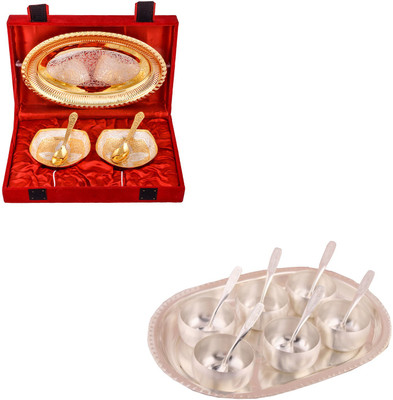 

G S Museum Silver & Gold Plated 2 Heavy Square Bowl with Spoon and Tray and 3" Met Finish 6 Bowl Set with Oval Tray Bowl Spoon Tray Serving Set