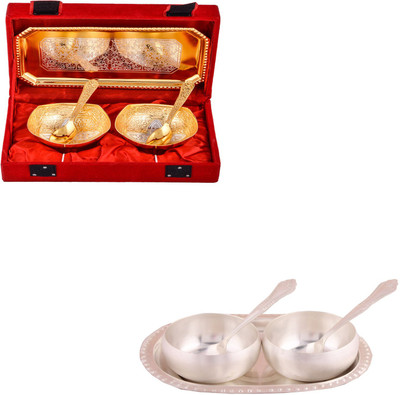 

G S Museum Silver & Gold Plated 2 Mini Square Bowl with Spoon and Tray and 3.5" Met Finish 2 Bowl Set with Oval Tray Bowl Spoon Tray Serving Set