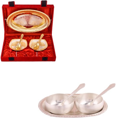 

G S Museum Silver & Gold Plated 2 Heavy Square Bowl with Spoon and Tray and 3.5" Met Finish 2 Bowl Set with Oval Tray Bowl Spoon Tray Serving Set