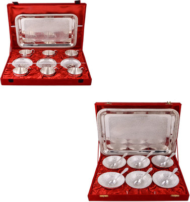 

G S Museum 6 Cup Plate Set with Tray and 6 Mor Bowl with Spoon and Tray Bowl Spoon Tray Serving Set(Pack of 26)