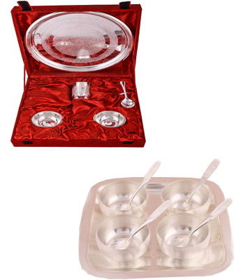 

G S Museum Small Thali Set and 3" Met Finish 4 Bowl Set with Rectangle Tray Bowl Spoon Tray Serving Set(Pack of 14)