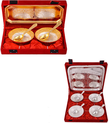 

G S Museum Silver & Gold Plated 2 Mini Flower Bowl with Spoon and Tray and 4 Mor Bowl with Spoon and Tray Bowl Spoon Tray Serving Set