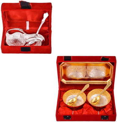 

G S Museum Mini Duck Tray with Spoon and Silver & Gold Plated 2 Mini Flower Bowl with Spoon and Tray Bowl Spoon Tray Serving Set
