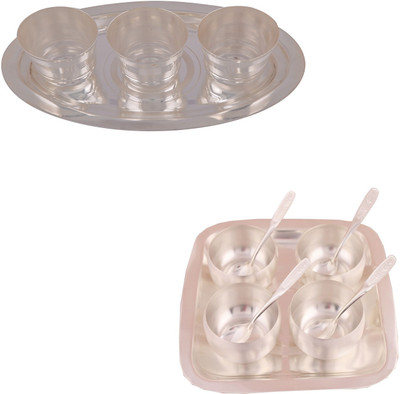 G S Museum 3 Mayuri Glass with Tray and 3" Met Finish 4 Bowl Set with Rectangle Tray Bowl Spoon Tray Serving Set