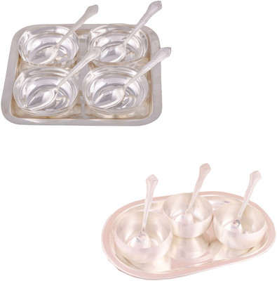 

G S Museum 4 Square Bowl with Spoon and Tray and 3.5" Met Finish 3 Bowl Set with Oval Tray Bowl Spoon Tray Serving Set