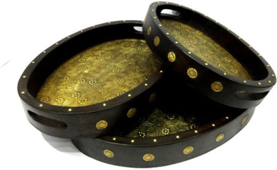 

Crafticia Royal Wooden Tray Set Wooden Decorative Platter(Brown, Gold, Pack of 3)