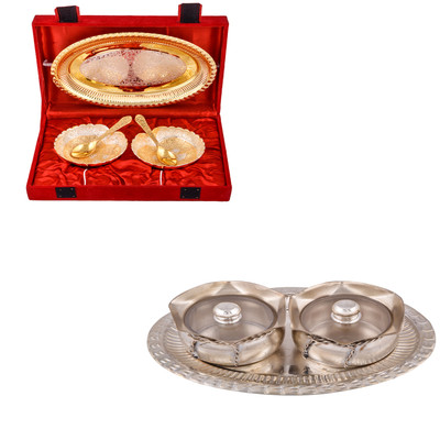 

G S Museum Silver & Gold Plated 2 Heavy Dil Bowl with Spoon and Tray and 2 Small Tai Loti Set Bowl Spoon Tray Serving Set