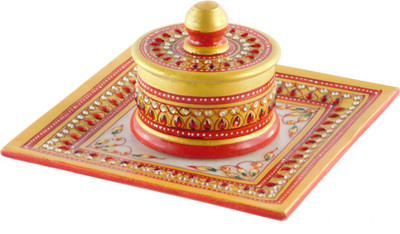 

Chave Tray and Dibbi with Real kundan work of Rajasthan – Red Color - Set of 1 Stoneware Decorative Platter(Red, Pack of 2)