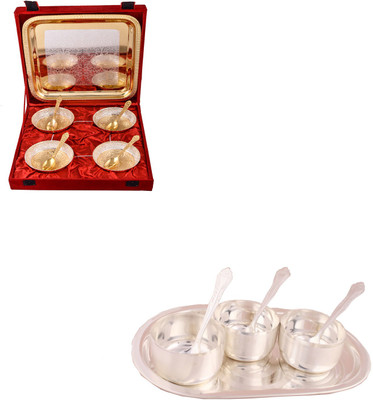 

G S Museum Silver & Gold Plated 4 Heavy Flower Bowl with Spoon and Tray and 3 Premium Bowl Set with Oval Tray Bowl Spoon Tray Serving Set(Pack of 16)