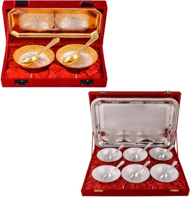 

G S Museum Silver & Gold Plated 2 Mini Flower Bowl with Spoon and Tray and 6 Mor Bowl with Spoon and Tray Bowl Spoon Tray Serving Set
