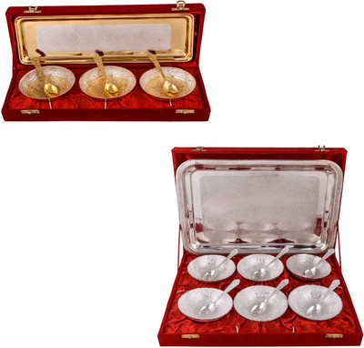 

G S Museum Silver & Gold Plated 3 Heavy Flower Bowl with Spoon and Tray and 6 Mor Bowl with Spoon and Tray Bowl Spoon Tray Serving Set