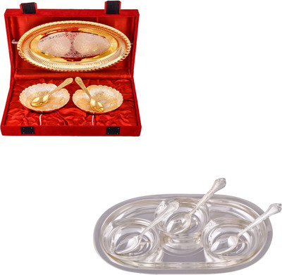 

G S Museum Silver & Gold Plated 2 Heavy Dil Bowl with Spoon and Tray and 3 Square Bowl with Spoon and Tray Bowl Spoon Tray Serving Set