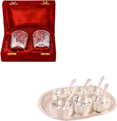 

G S Museum 2 Glass and Premium 6 Bowl Set with Oval Tray Bowl Spoon Tray Serving Set
