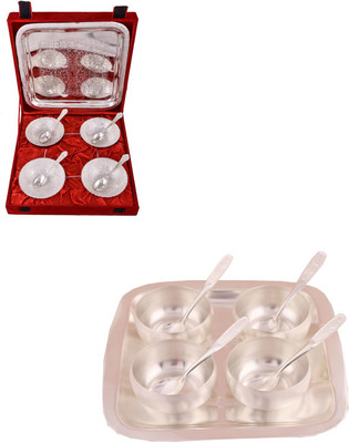 

G S Museum 4 Mor Bowl with Spoon and Tray and 3" Met Finish 4 Bowl Set with Rectangle Tray Bowl Spoon Tray Serving Set(Pack of 18)