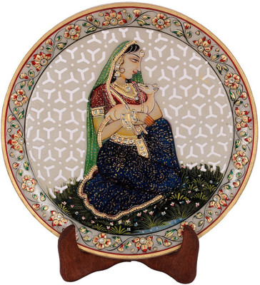 

eCraftIndia Ragini with Goat Child Stoneware, Wooden Decorative Platter(Blue, Green, White, Pack of 2)