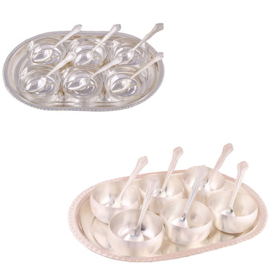 

G S Museum 6 Square Bowl with Spoon and Tray and 3.5" Met 6 Finish Bowl Set with Oval Tray Bowl Spoon Tray Serving Set