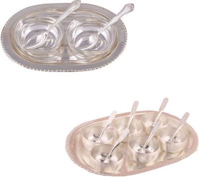G S Museum 2 Square Bowl with Spoon and Tray and 3" Met Finish 6 Bowl Set with Oval Tray Bowl Spoon Tray Serving Set