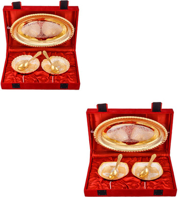 G S Museum Silver & Gold Plated 2 Heavy Dil Bowl with Spoon and Tray and Silver & Gold Plated 2 Heavy Square Bowl with Spoon and Tray Bowl Spoon Tray Serving Set