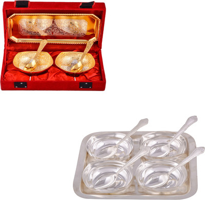 

G S Museum Silver & Gold Plated 2 Mini Square Bowl with Spoon and Tray and 4 Square Bowl with Spoon and Tray Bowl Spoon Tray Serving Set