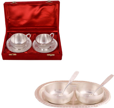 

G S Museum 2 Cup Plate Set and 3" Met Finish 2 Bowl Set with Oval Tray Bowl Spoon Tray Serving Set(Pack of 9)