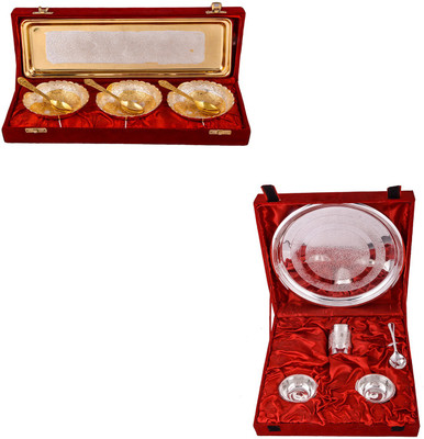 

G S Museum Silver & Gold Plated 3 Heavy Dil Bowl with Spoon and Tray and Small Thali Set Bowl Spoon Tray Serving Set(Pack of 12)
