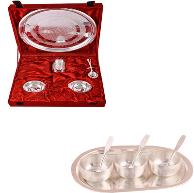 

G S Museum Small Thali Set and 3" Met Finish 3 Bowl Set with Oval Tray Bowl Spoon Tray Serving Set(Pack of 12)