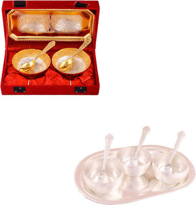 

G S Museum Silver & Gold Plated 2 Mini Flower Bowl with Spoon and Tray and 3.5" Met Finish 3 Bowl Set with Oval Tray Bowl Spoon Tray Serving Set