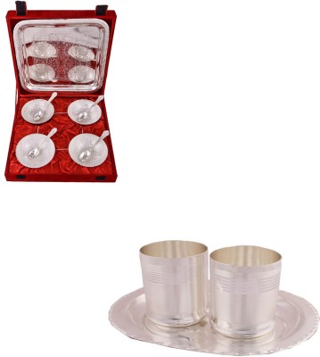 

G S Museum 4 Mor Bowl with Spoon and Tray and 2 Premium Glass Set with Oval Tray Bowl Spoon Tray Serving Set(Pack of 12)