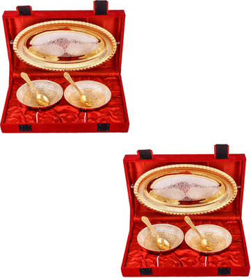 

G S Museum Silver & Gold Plated 2 Heavy Flower Bowl with Spoon and Tray 2 Sets Bowl Spoon Tray Serving Set