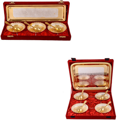 

G S Museum Silver & Gold Plated 3 Heavy Dil Bowl with Spoon and Tray and Silver & Gold Plated 4 Heavy Flower Bowl with Spoon and Tray Bowl Spoon Tray Serving Set(Pack of 16)
