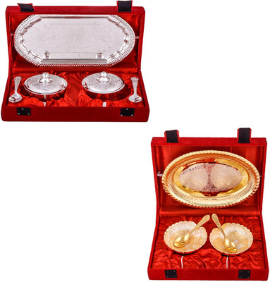 

G S Museum Supari Set with Spoon and Silver & Gold Plated 2 Heavy Dil Bowl with Spoon and Tray Bowl Spoon Tray Serving Set