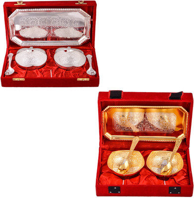 

G S Museum 2 Appel Bowl With Spoon and Tray and Silver & Gold Plated 2 Mini Square Bowl with Spoon and Tray Bowl Spoon Tray Serving Set