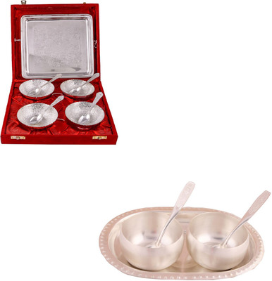 

G S Museum 4 Flower Bowl with Spoon and Tray and 3" Met Finish 2 Bowl Set with Oval Tray Bowl Spoon Tray Serving Set(Pack of 14)