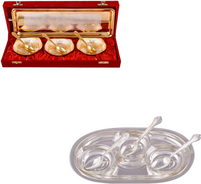 

G S Museum Silver & Gold Plated 3 Heavy Square Bowl with Spoon and Tray and 3 Square Bowl with Spoon and Tray Bowl Spoon Tray Serving Set(Pack of 14)