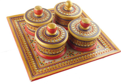 

Chave Marble Supari Daan (Tray and Dibbi) with Real kundan work of Rajasthan - Red with blue border - Set of 4 Stoneware Decorative Platter(Multicolor)