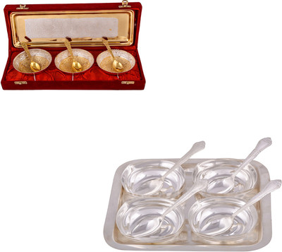 

G S Museum Silver & Gold Plated 3 Heavy Flower Bowl with Spoon and Tray and 4 Square Bowl with Spoon and Tray Bowl Spoon Tray Serving Set(Pack of 16)