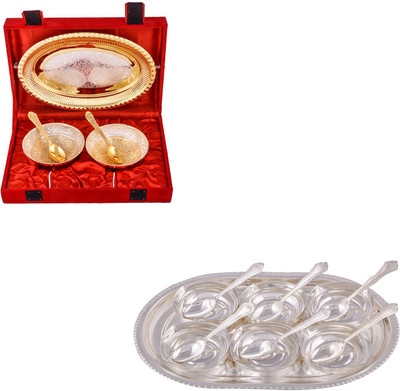 

G S Museum Silver & Gold Plated 2 Heavy Flower Bowl with Spoon and Tray and 6 Square Bowl with Spoon and Tray Bowl Spoon Tray Serving Set