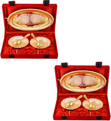 

G S Museum Silver & Gold Plated 2 Heavy Dil Bowl with Spoon and Tray 2 Sets Bowl Spoon Tray Serving Set
