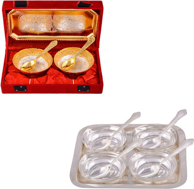 

G S Museum Silver & Gold Plated 2 Mini Flower Bowl with Spoon and Tray and 4 Square Bowl with Spoon and Tray Bowl Spoon Tray Serving Set