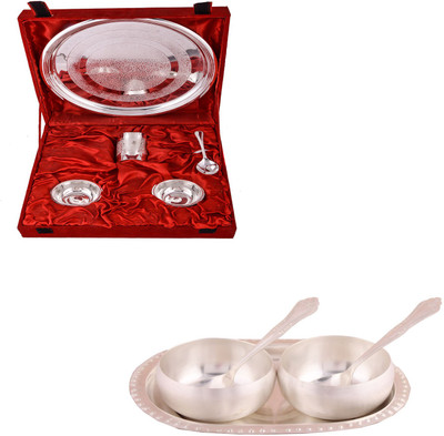 

G S Museum Small Thali Set and 3.5" Met Finish 2 Bowl Set with Oval Tray Bowl Spoon Tray Serving Set(Pack of 10)